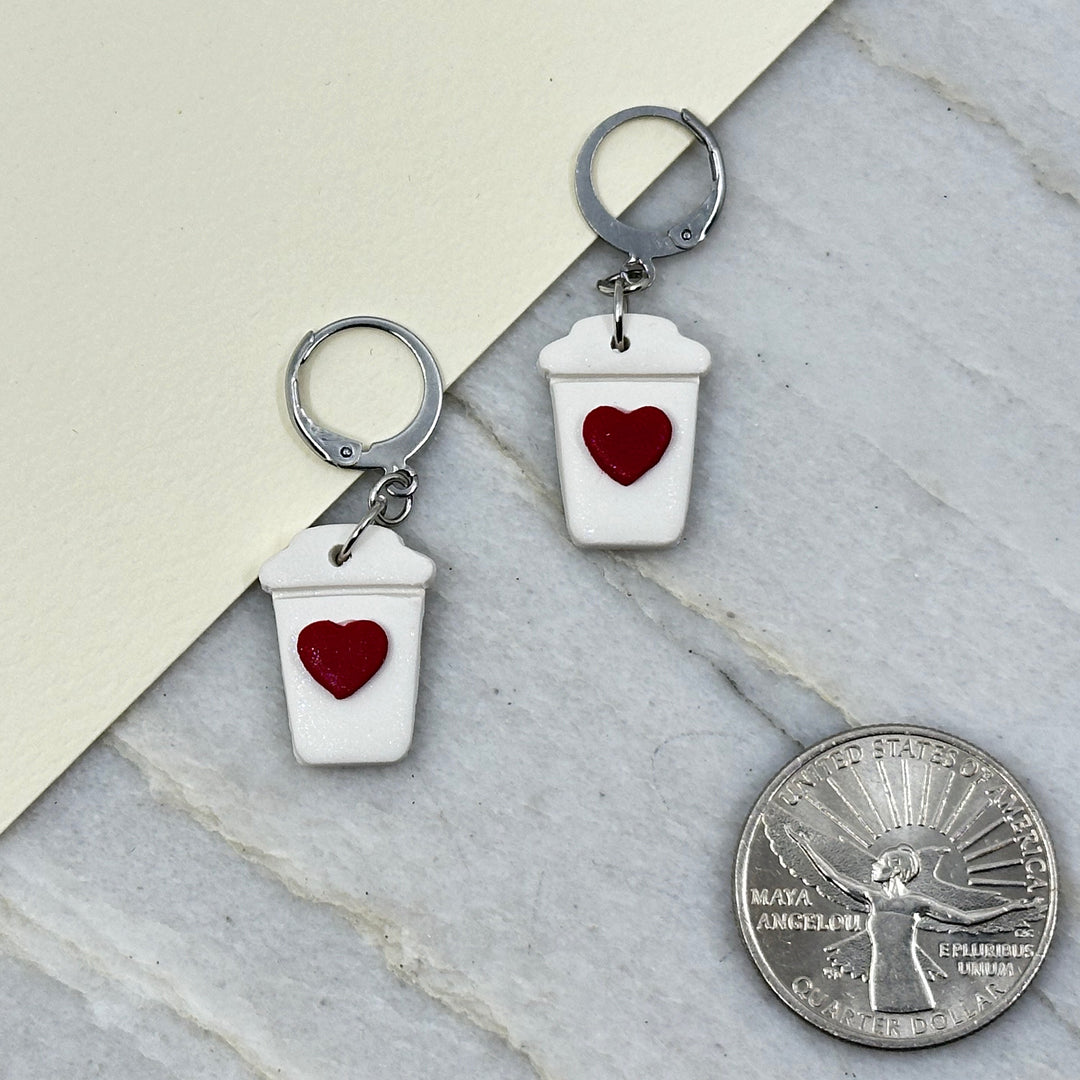 Pair of Bitterroot Shining Creations' Valentine Earrings (white coffee cups), with scale