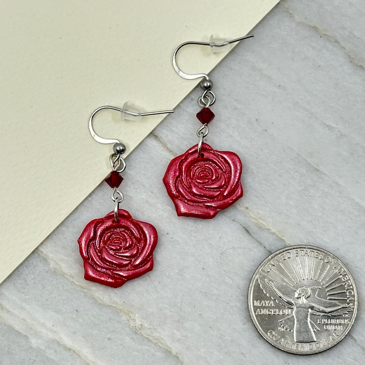Pair of Bitterroot Shining Creations' Valentine Earrings (roses), with scale