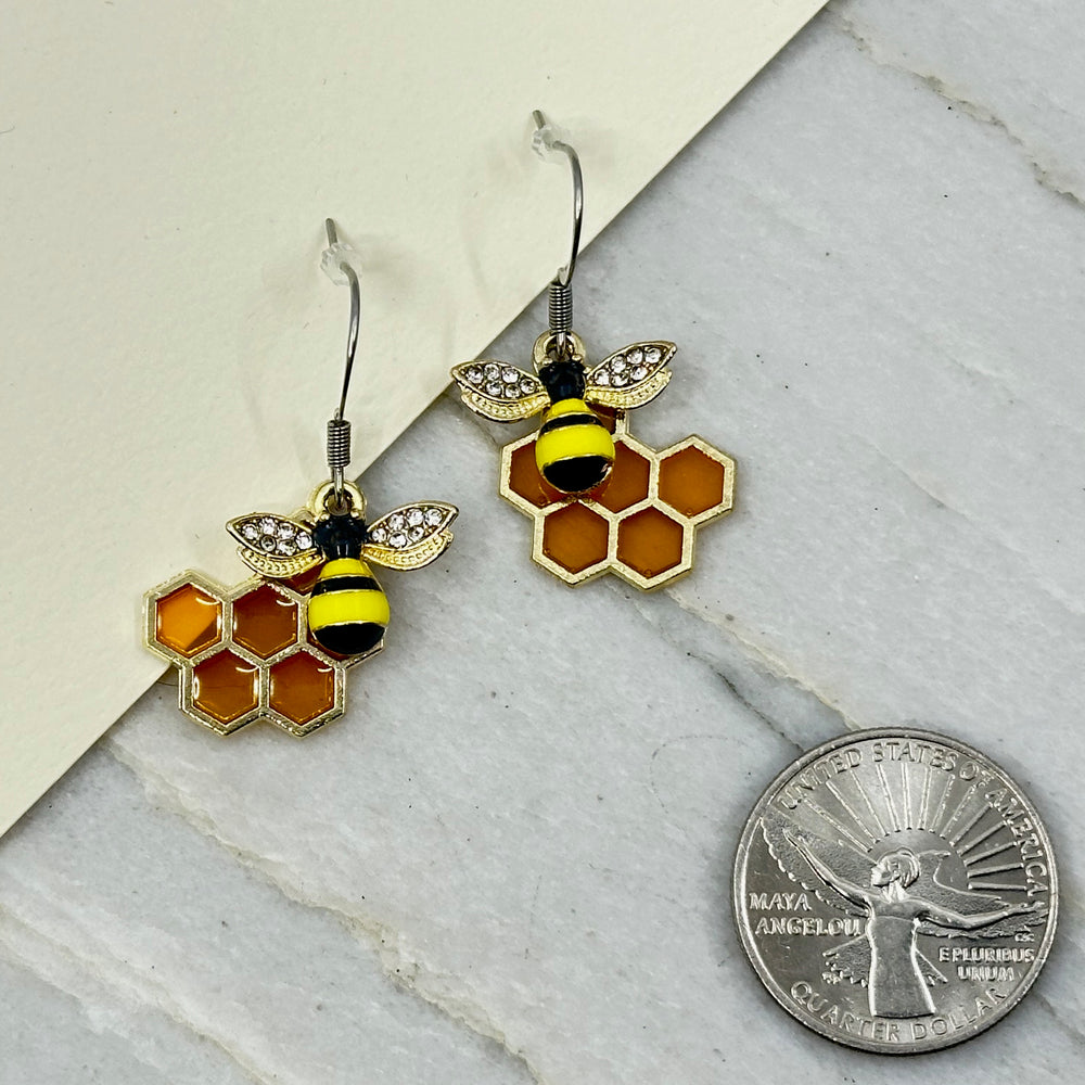 Pair of Bee On Honeycomb Earrings with Stainless Steel Wires by Woodland Goth Creations, scale