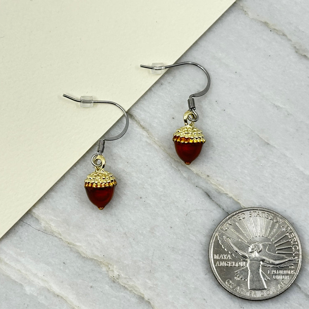 Pair of Dainty Acorn Earrings with Stainless Steel Wires by Woodland Goth Creations, scale