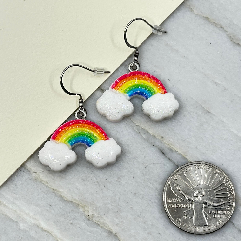 Pair of Cloud and Rainbow Earrings with Stainless Steel Wires by Woodland Goth Creations, scale