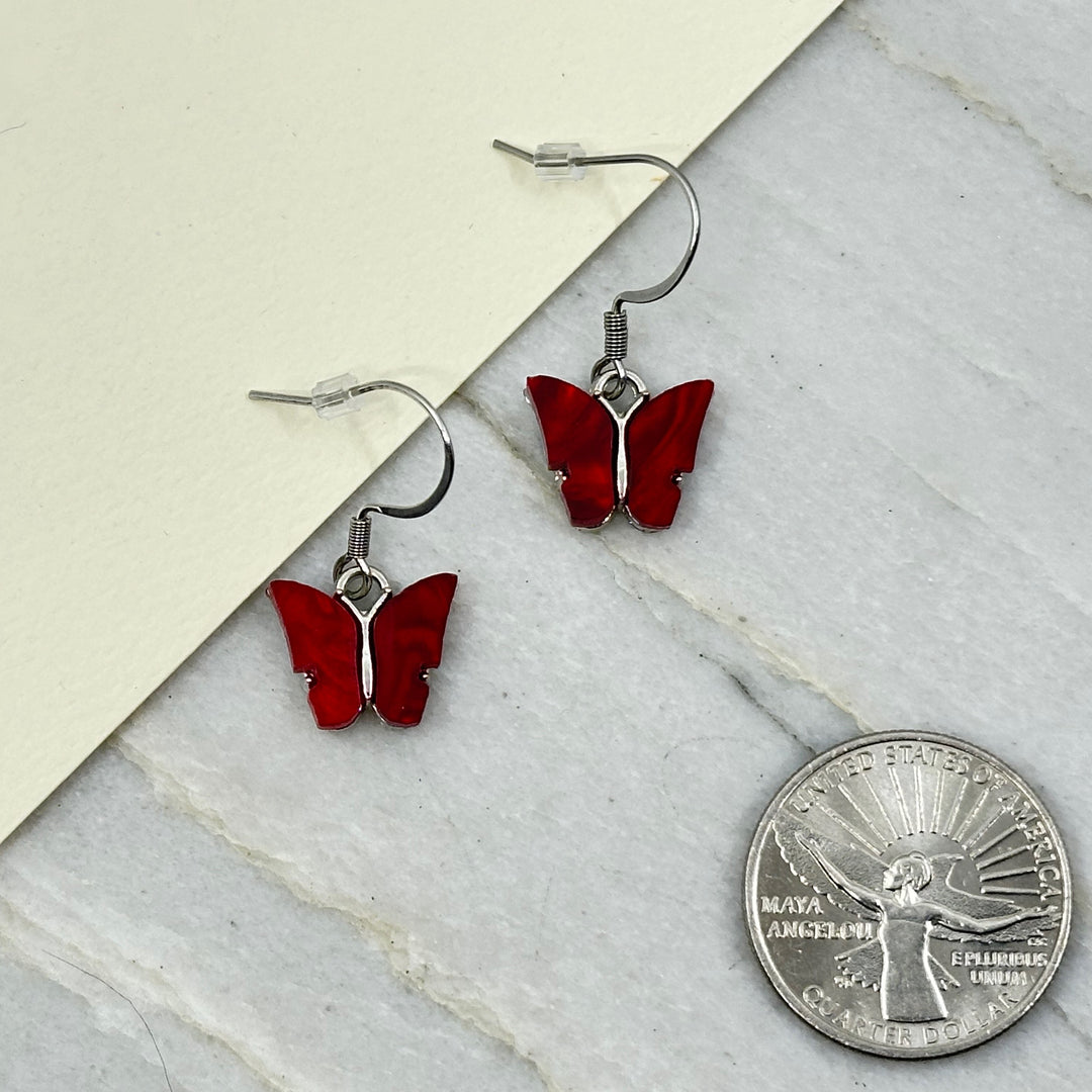Pair of Butterfly Earrings with Stainless Steel Wires by Woodland Goth Creations, red w/ scale