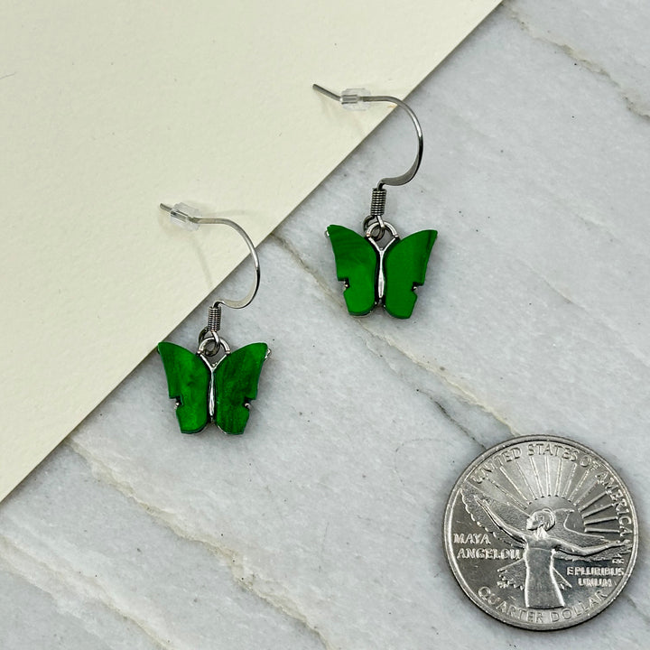 Pair of Butterfly Earrings with Stainless Steel Wires by Woodland Goth Creations, green w/ scale