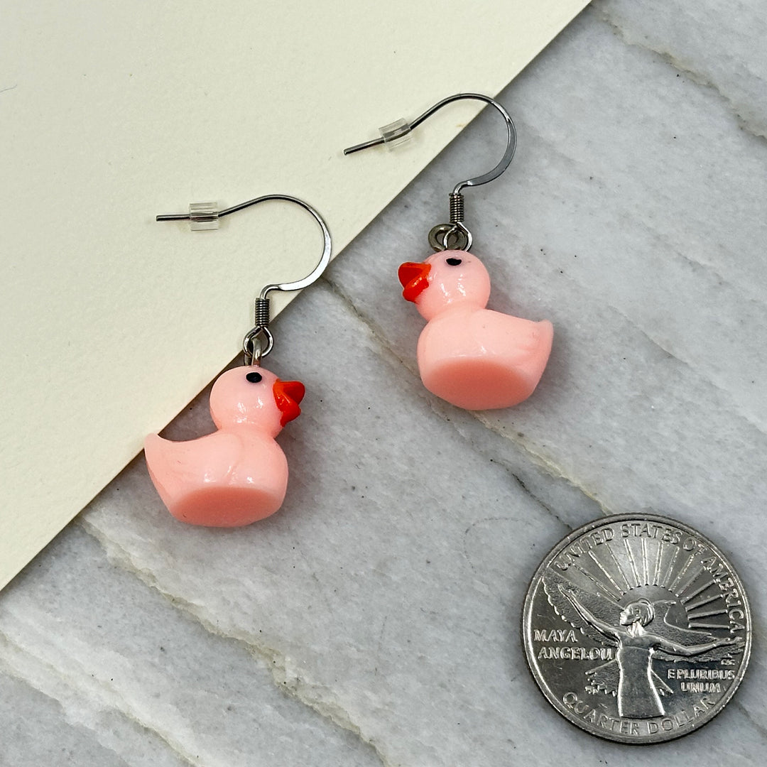 Pair of Duck Earrings with Stainless Steel Ear Wires by Woodland Goth Creations, pink w/ scale