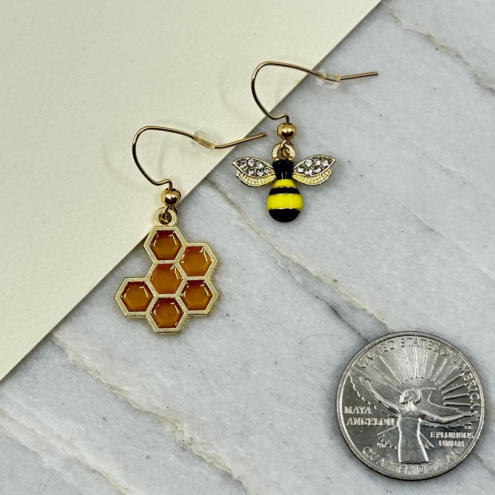 Pair of Bee and Honeycomb Earrings with Iron Wires by Woodland Goth Creations, scale