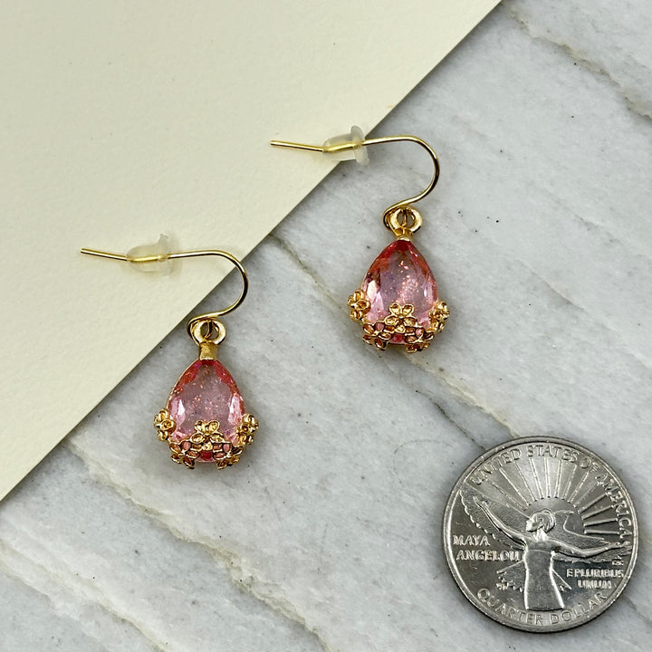 Pair of Crystal Dangle Earrings with 14K gold plated ear wires, by Woodland Goth Creations, pink w/ scale