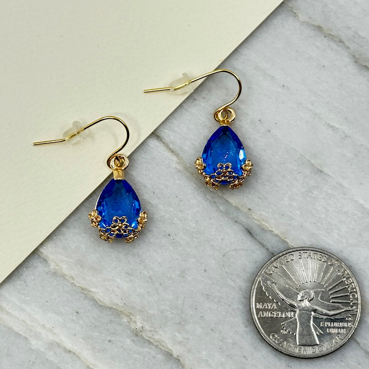 Pair of Crystal Dangle Earrings with 14K gold plated ear wires, by Woodland Goth Creations, blue w/ scale