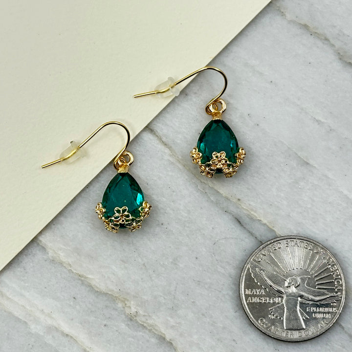 Pair of Crystal Dangle Earrings with 14K gold plated ear wires, by Woodland Goth Creations, green w/ scale