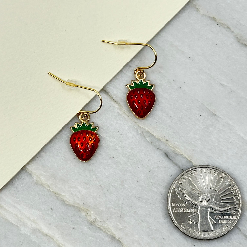 Pair of Small Strawberry Earrings with 14K Gold Plated Wires by Woodland Goth Creations, scale