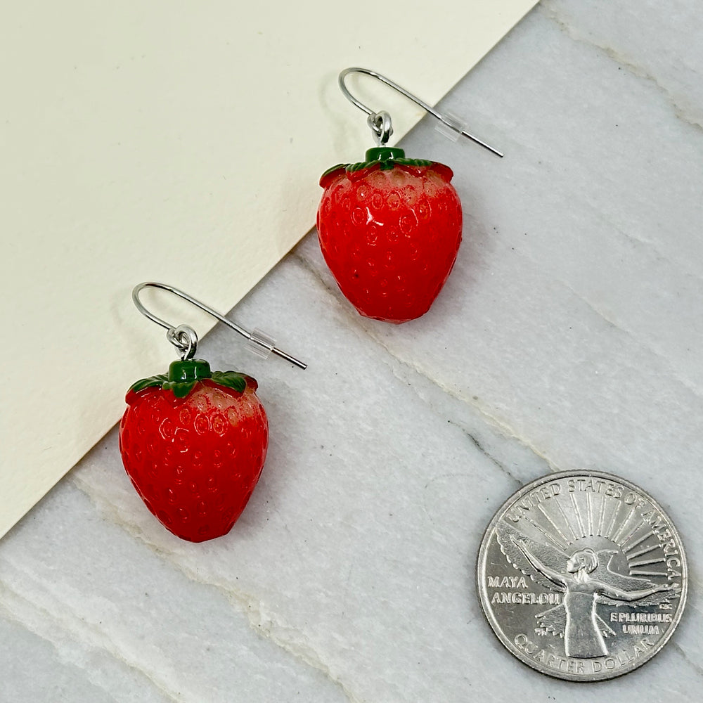 Pair of Large Strawberry Earrings with Stainless Steel Wires by Woodland Goth Creations, scale