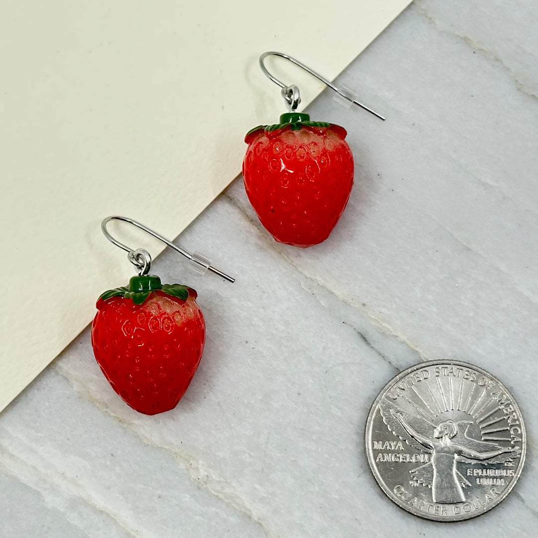 Pair of Large Strawberry Earrings with Stainless Steel Wires by Woodland Goth Creations, scale
