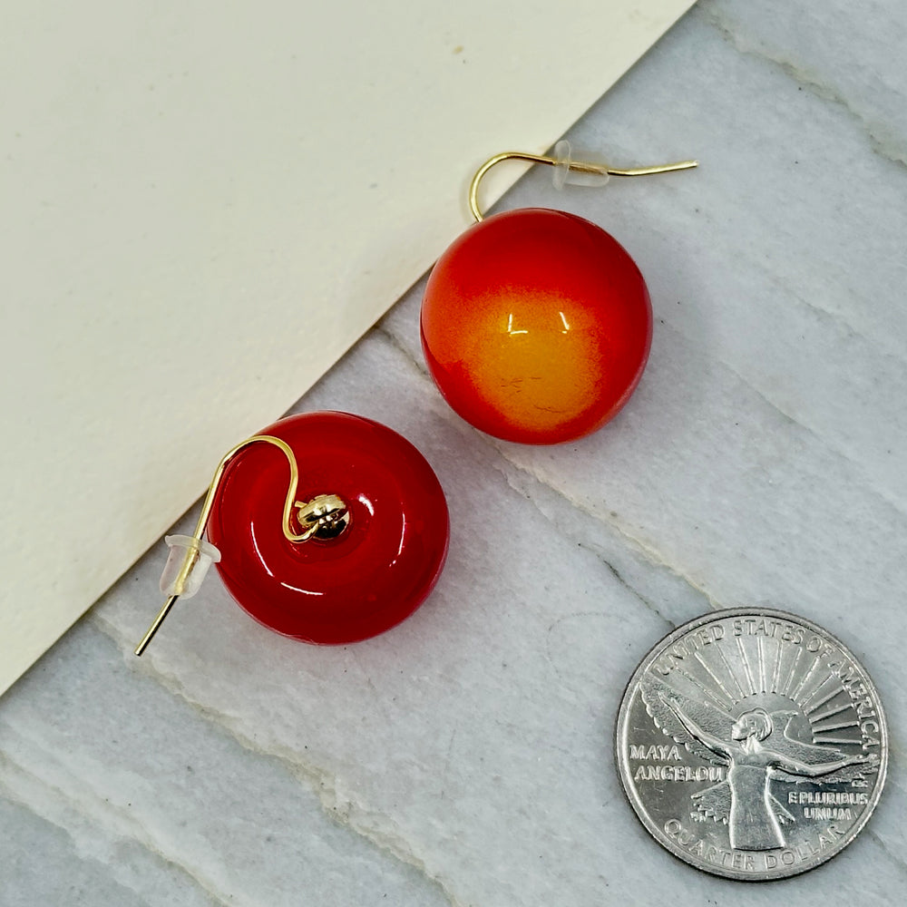 Pair of Rainier Cherry Earrings with 14K Gold Plated Wires by Woodland Goth Creations, scale