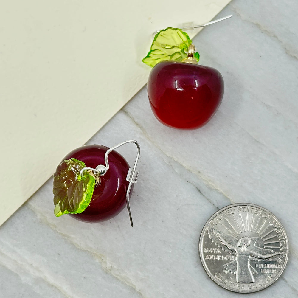 Pair of Cherry and Leaf Earrings with Iron Wires by Woodland Goth Creations, scale