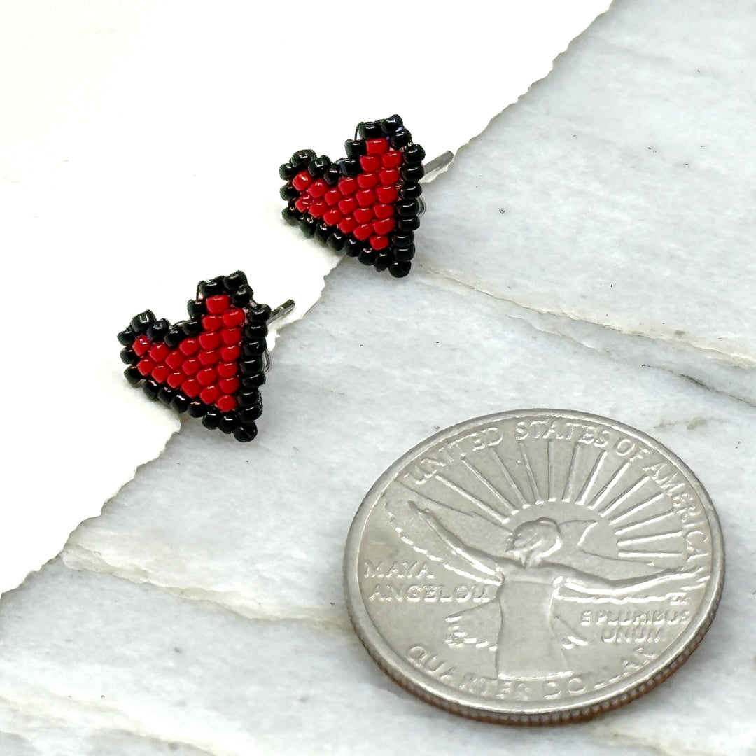 Aurum Shimmer's Heart Beaded Earrings with Stainless Steel Studs (red and black), with scale