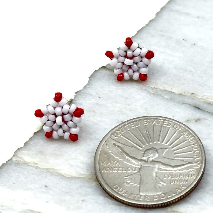 Pair of Aurum Shimmer's Star Beaded Earrings with Stainless Steel Studs (red and white), with scale