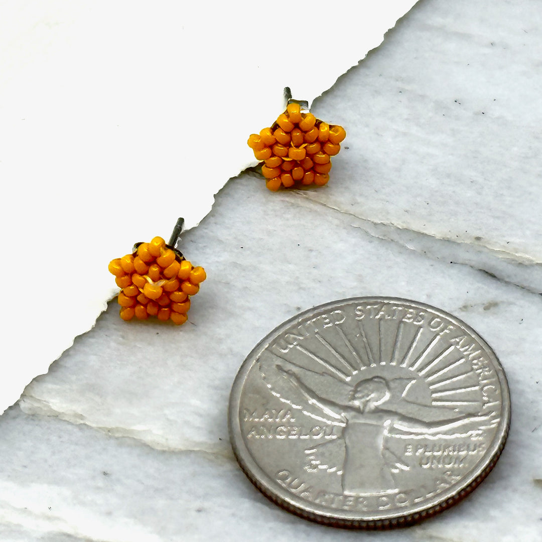 Pair of Aurum Shimmer's Star Beaded Earrings with Stainless Steel Studs (yellow), with scale