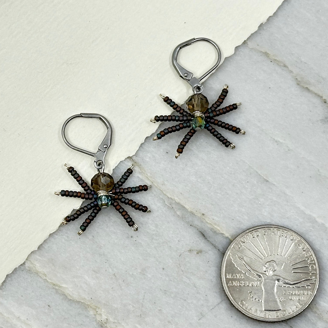 Pair of Aurum Shimmer's Spider Beaded Earrings with Stainless Steel Lever Backs (grey), with scale