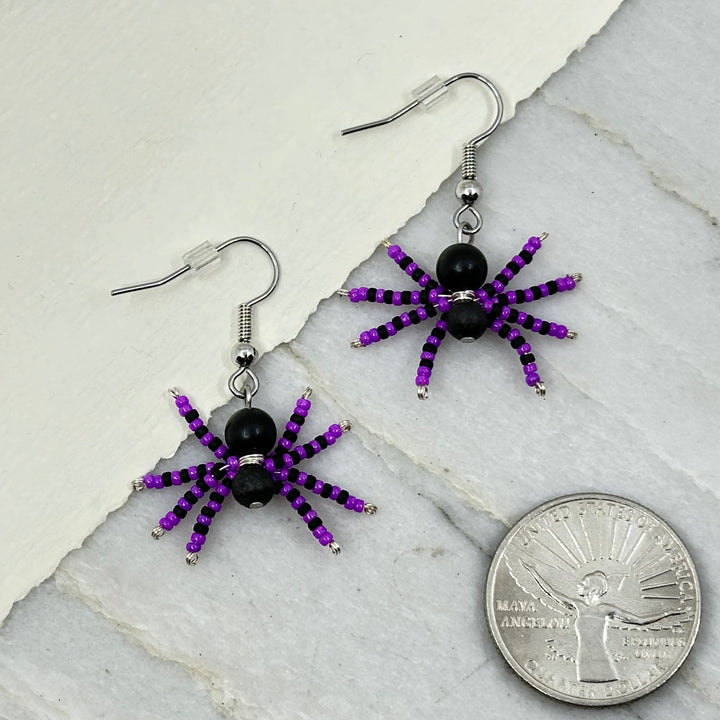 Pair of Spider Beaded Earrings with Stainless Steel Wires (purple and black), with scale