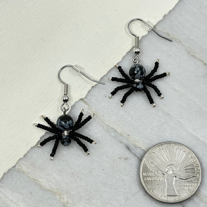 Pair of Spider Beaded Earrings with Stainless Steel Wires (black), with scale