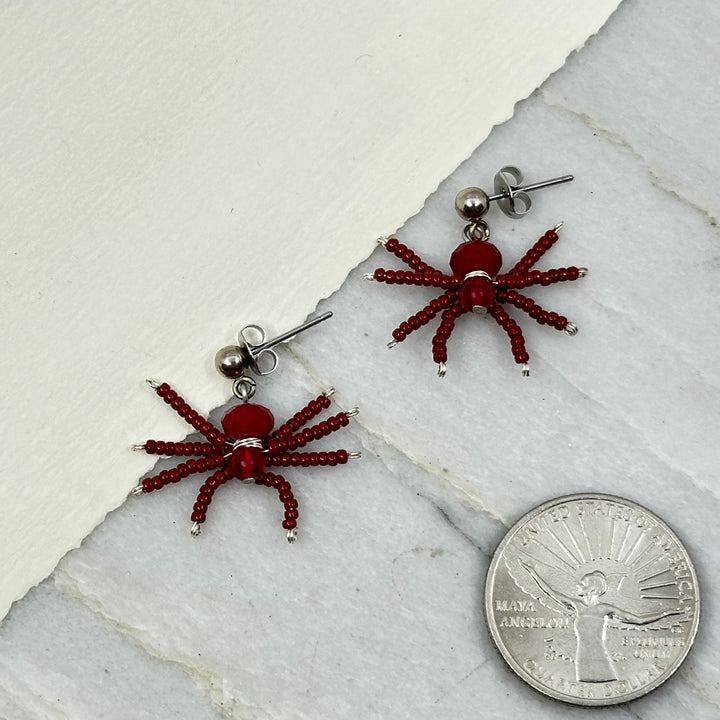 Pair of Spider Beaded Earrings with Stainless Steel Studs by Aurum Shimmer (red), with scale