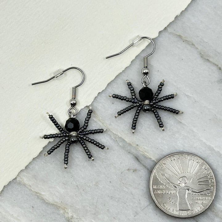 Pair of Spider Beaded Earrings with Stainless Steel Wires (black and chrome), with scale