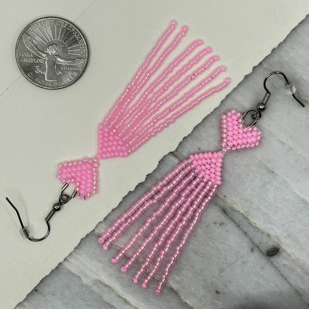 Aurum Shimmer's Beaded Heart Fringe Earrings with Stainless Steel Wires, with scale