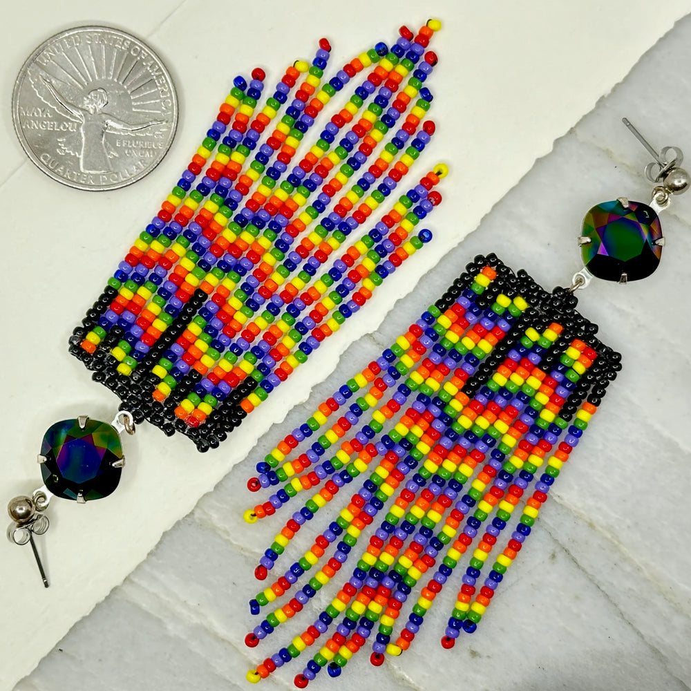 Aurum Shimmer's Black Rainbow Beaded Fringe Earrings with Stainless Steel Posts, with scale