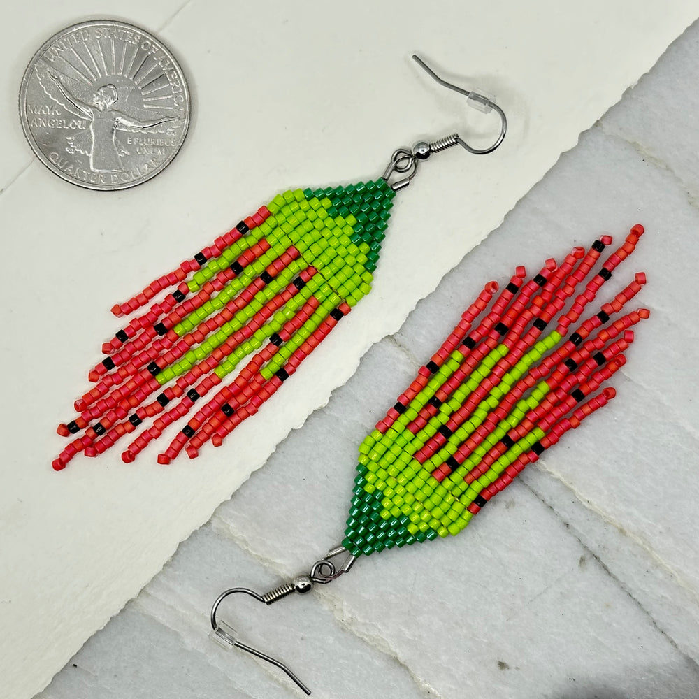 Pair of Aurum Shimmer's Watermelon Beaded Fringe Earrings with Stainless Steel Wires, with scale