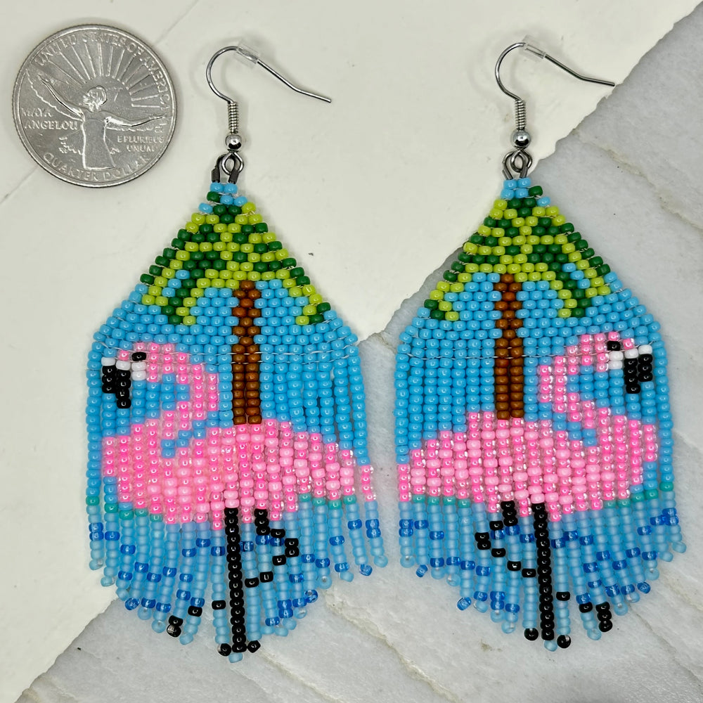Aurum Shimmer's Flamingo Beaded Fringe Earrings with Stainless Steel Wires, with scale