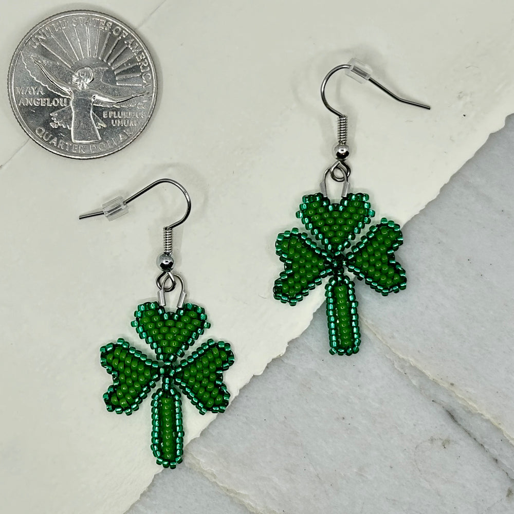 Pair of Aurum Shimmer's Shamrock Beaded Earrings with Stainless Steel Wires, with scale