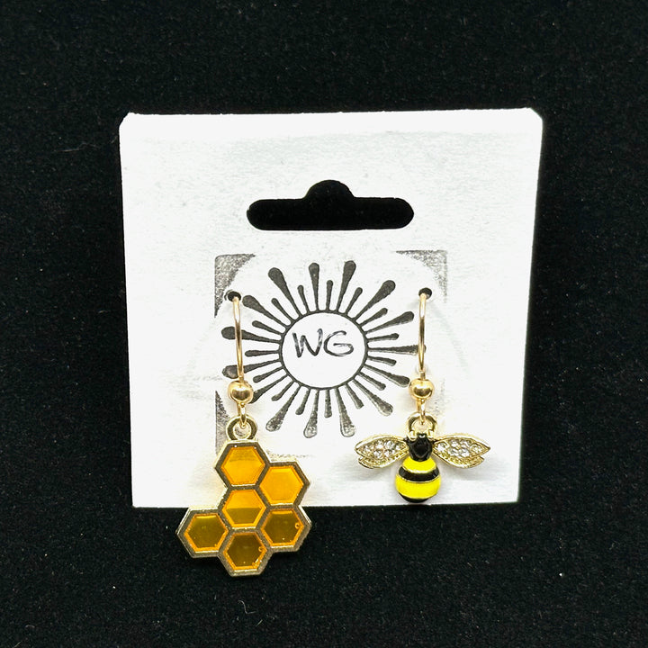 Pair of Bee and Honeycomb Earrings with Iron Wires by Woodland Goth Creations on card