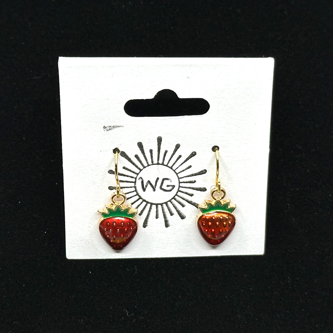 Pair of Small Strawberry Earrings with 14K Gold Plated Wires by Woodland Goth Creations, on card