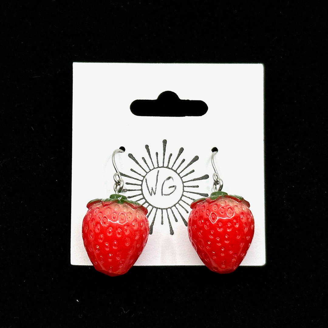Pair of Large Strawberry Earrings with Stainless Steel Wires by Woodland Goth Creations, on card