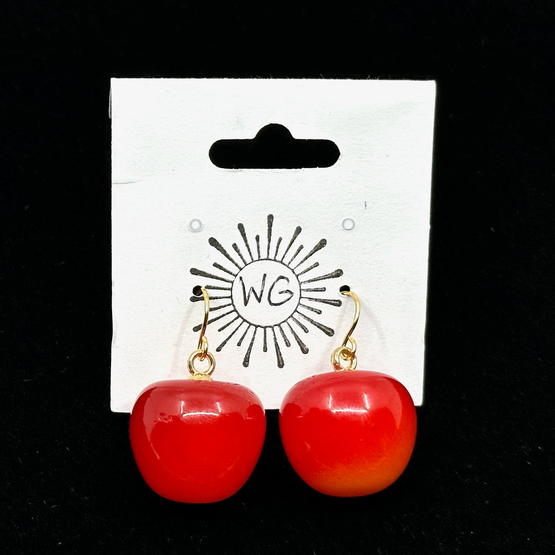 Pair of Rainier Cherry Earrings with 14K Gold Plated Wires by Woodland Goth Creations, on card