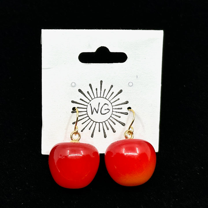 Pair of Rainier Cherry Earrings with 14K Gold Plated Wires by Woodland Goth Creations, on card
