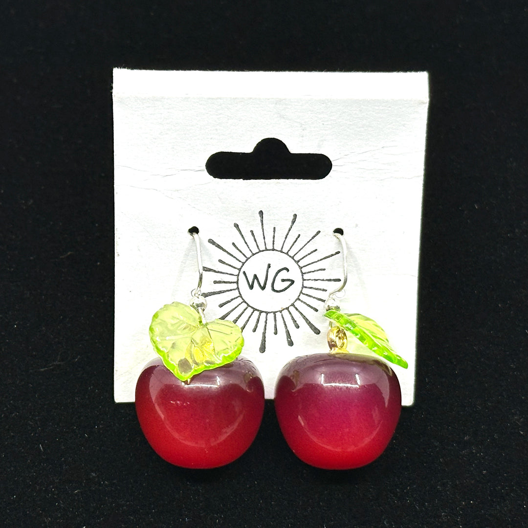 Pair of Cherry and Leaf Earrings with Iron Wires by Woodland Goth Creations, on card