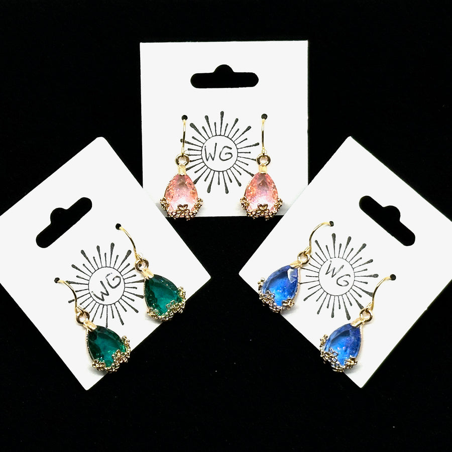 Three pairs of Crystal Dangle Earrings with 14K gold plated ear wires (assorted colors) on cards, by Woodland Goth Creations 