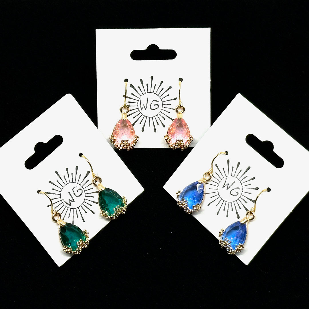 Three pairs of Crystal Dangle Earrings with 14K gold plated ear wires (assorted colors) on cards, by Woodland Goth Creations 