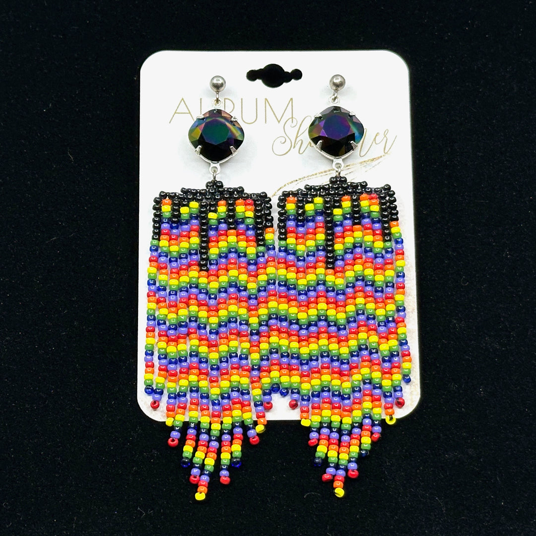 Aurum Shimmer's Black Rainbow Beaded Fringe Earrings with Stainless Steel Posts, on card