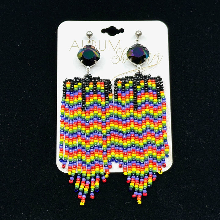 Aurum Shimmer's Black Rainbow Beaded Fringe Earrings with Stainless Steel Posts, on card