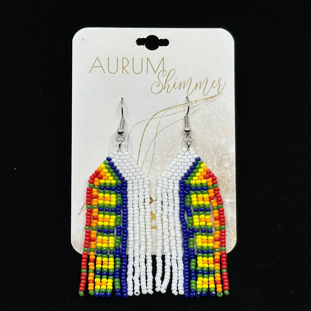 Aurum Shimmer's Color Block Fringe Earrings with Stainless Steel Wires, on card