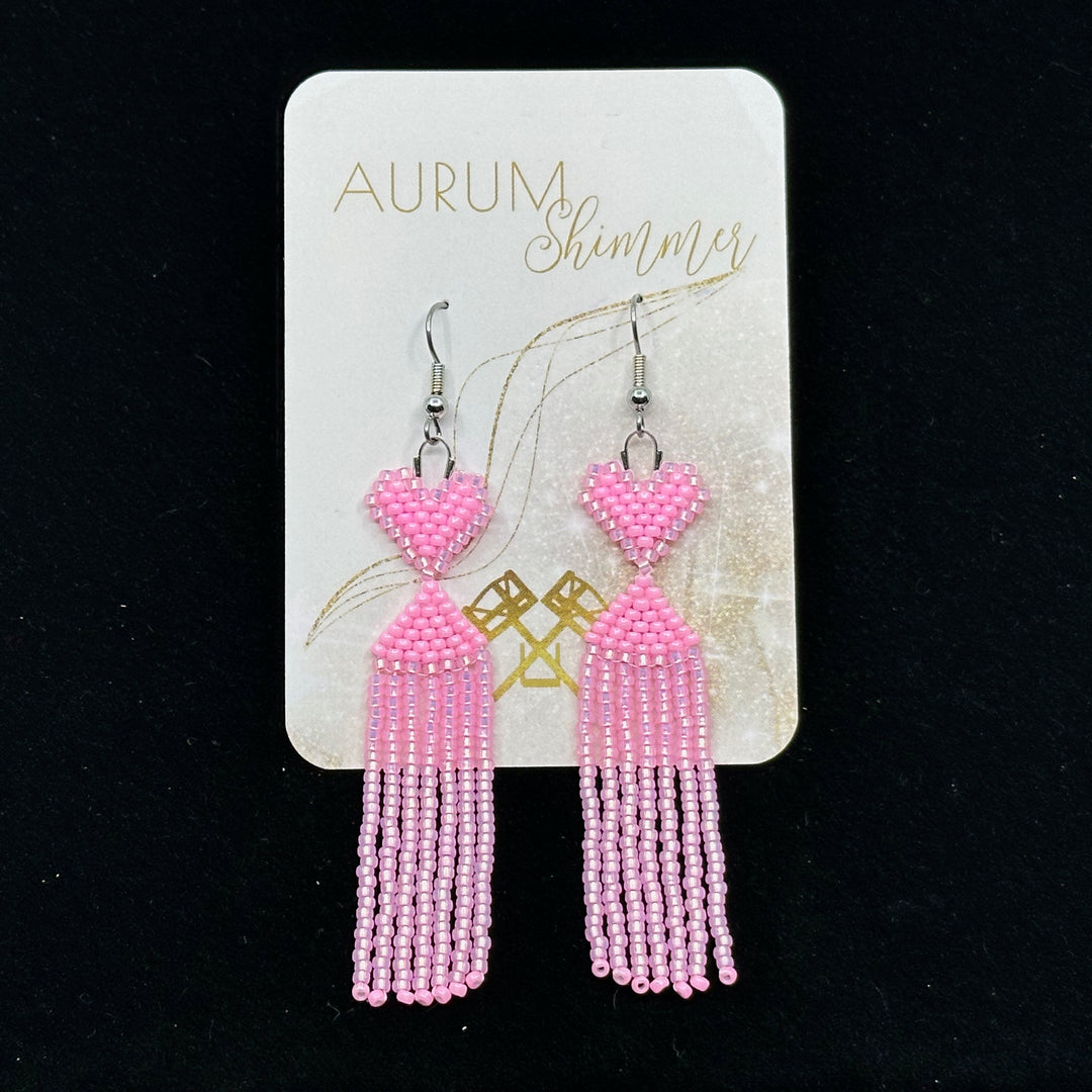 Aurum Shimmer's Beaded Heart Fringe Earrings with Stainless Steel Wires, on card