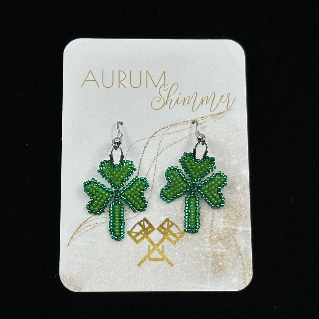 Pair of Aurum Shimmer's Shamrock Beaded Earrings with Stainless Steel Wires, on card