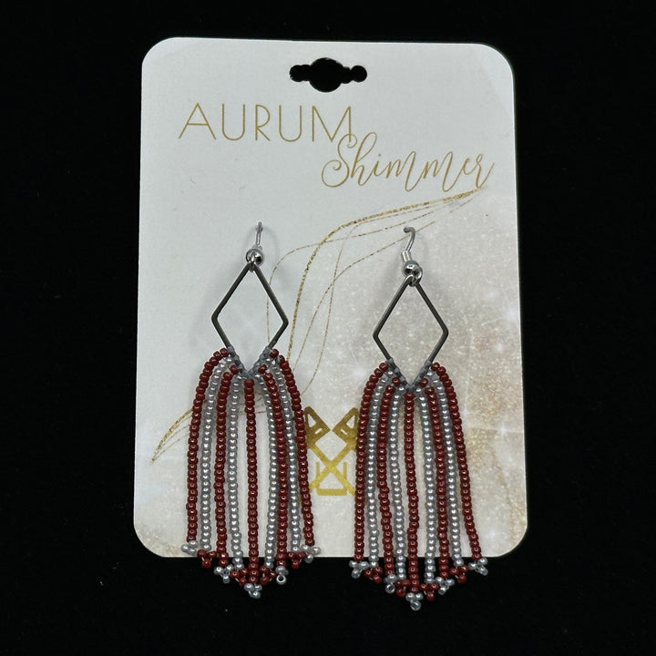 Aurum Shimmer's Griz Beaded Fringe Earrings with Stainless Steel Wires, on card