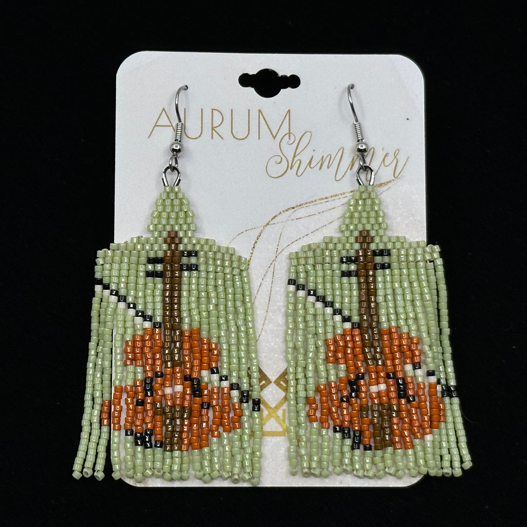 Pair of Violin Beaded Fringe Earrings with Stainless Steel Wires by Aurum Shimmer, on card