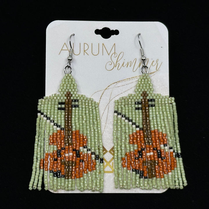 Pair of Violin Beaded Fringe Earrings with Stainless Steel Wires by Aurum Shimmer, on card