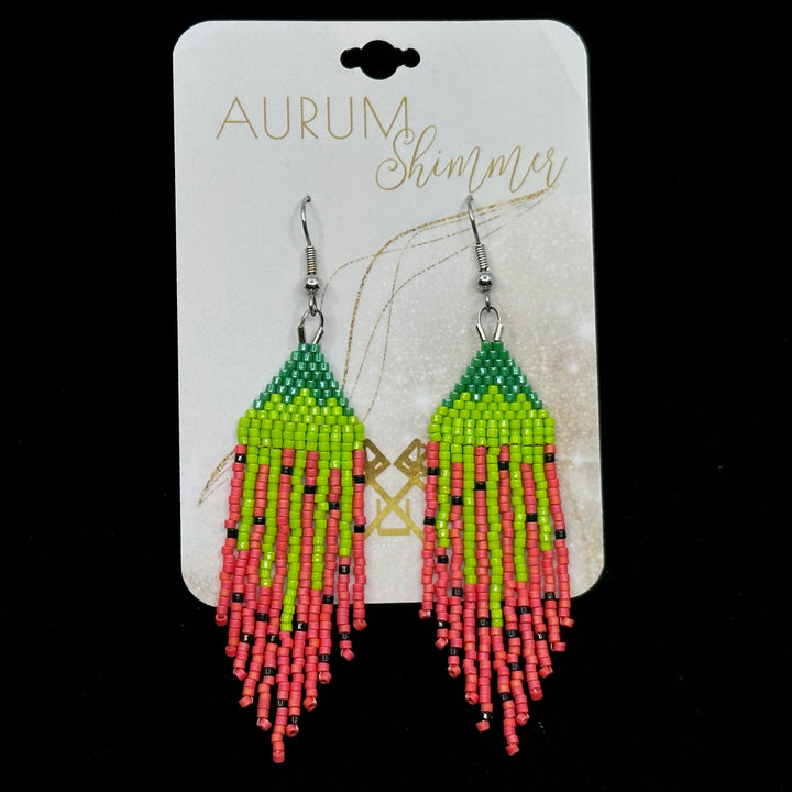 Pair of Aurum Shimmer's Watermelon Beaded Fringe Earrings with Stainless Steel Wires, on card