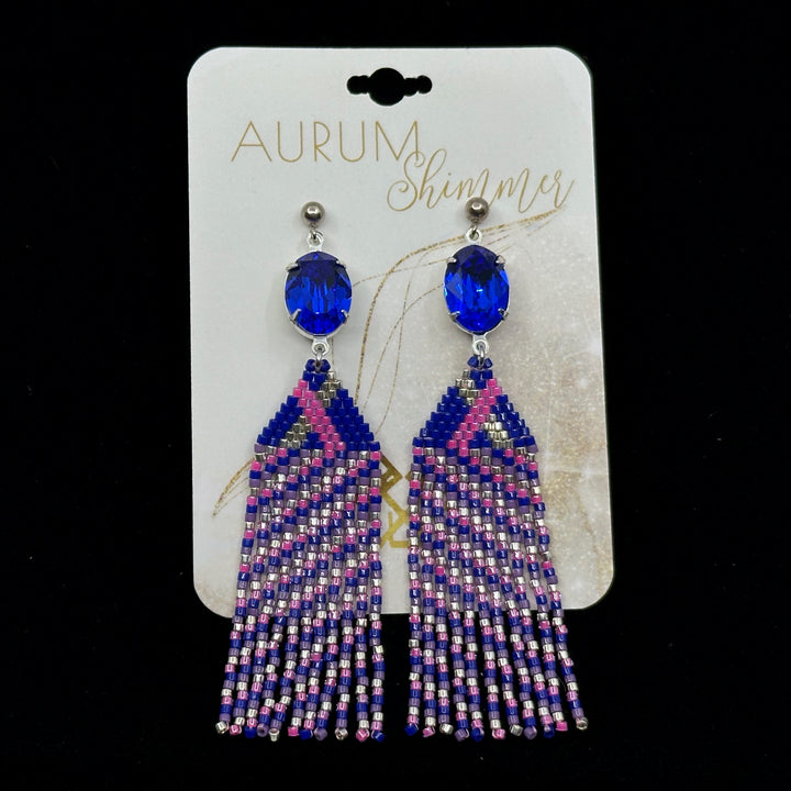 Pair of Aurum Shimmer's Sapphire Beaded Fringe Earrings with Stainless Steel Posts, on card