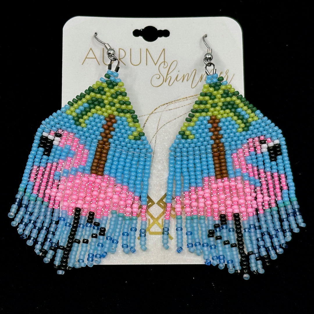 Aurum Shimmer's Flamingo Beaded Fringe Earrings with Stainless Steel Wires, on card