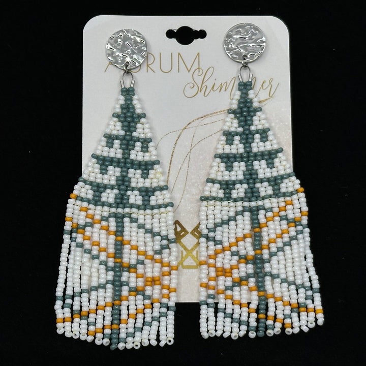 Aurum Shimmer's Abstract Beaded Pine Fringe Earrings with Stainless Steel Posts, on card
